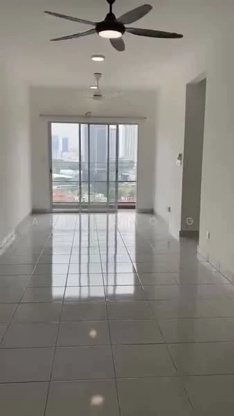 Living features: white painted walls, glossy white tile flooring, 5-blade ceiling fan with light, floor-to-ceiling sliding glass door, city skyline view, recessed downlights, neutral color scheme, open layout; style: modern; view: city.