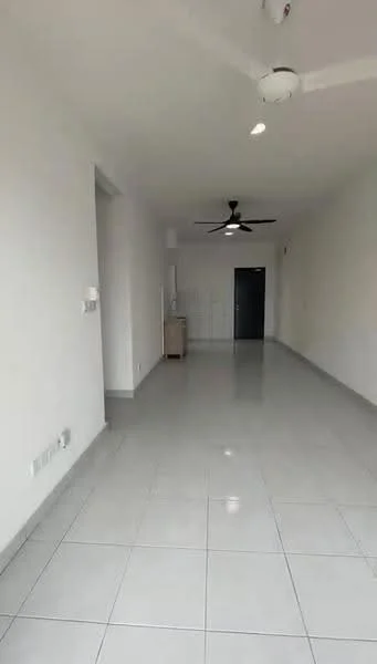 Room features: white painted walls, glossy ceramic tile flooring, 5-blade ceiling fan, recessed downlights, doorway leading to another room, window with natural light, neutral color scheme, open layout; style: modern.