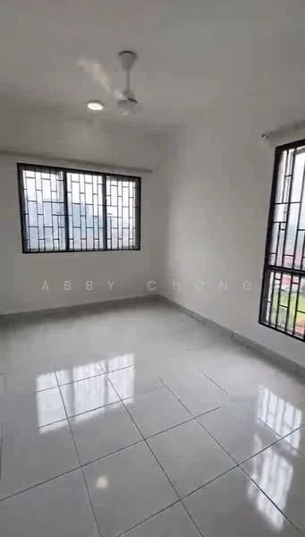 Room features: white painted walls, glossy ceramic tile flooring, ceiling fan, two large windows with metal grills, natural light, neutral color scheme, corner view, no visible furniture; style: modern; view: garden.