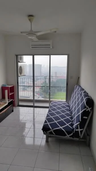 Living features: grey and white patterned sofa bed, floor-to-ceiling sliding glass door, balcony view, white painted walls, white ceiling, 5-blade ceiling fan, wall-mounted split AC, glossy white tile flooring, TV console, open shelving unit; style: modern; view: city.