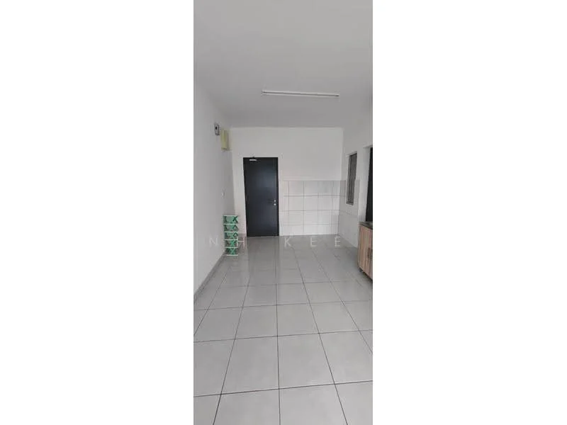 Room features: white painted walls, grey tiled flooring, fluorescent ceiling lights, single door, window with no visible treatment, corner with cabinets, empty space; style: modern.