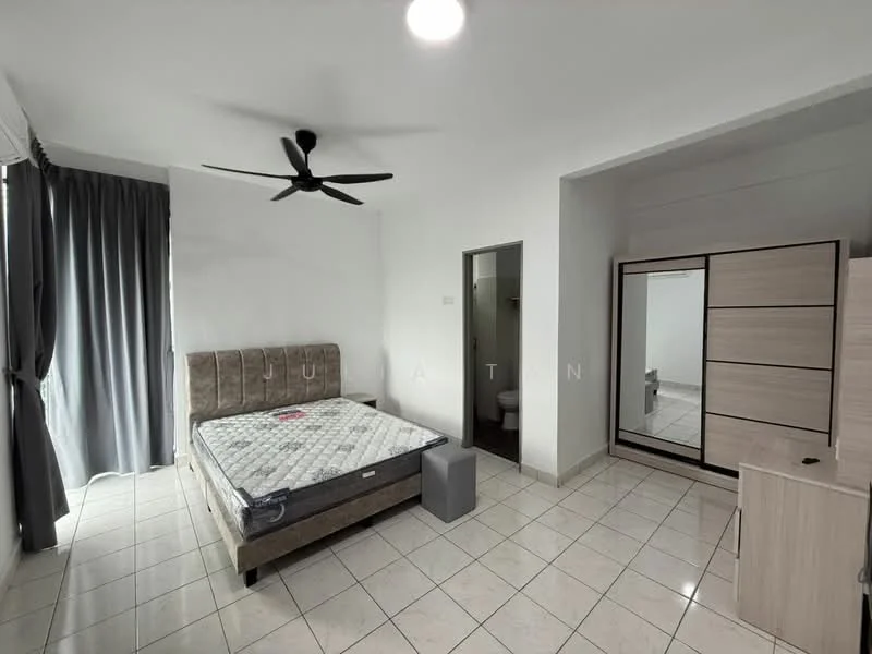Bedroom features: queen-size bed, upholstered headboard, 2 bedside tables, built-in wardrobe with sliding doors, floor-to-ceiling windows, grey curtains, ceiling fan with light, tile flooring, neutral wall color, decorative mirror; style: modern.