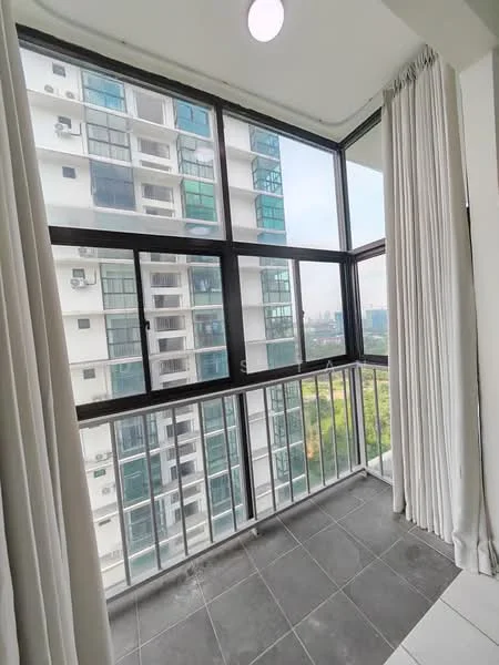 Room features: floor-to-ceiling windows, black window frames, white sheer curtains, grey tiled flooring, balcony railing, city view, air conditioning unit, natural light from windows; style: modern; view: city.