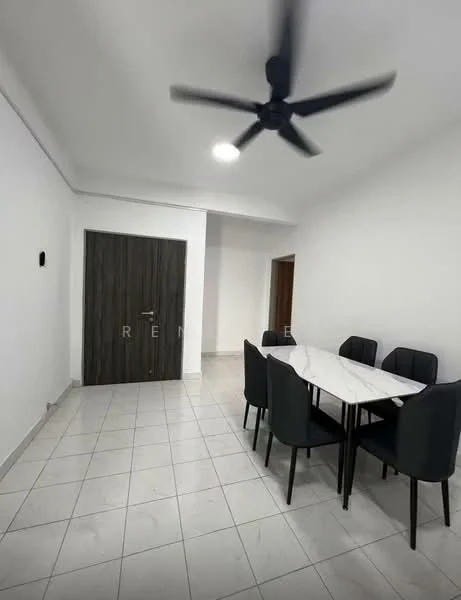 Dining features: white walls, tile flooring, 5-blade ceiling fan, dining table with marble top, 6 upholstered dining chairs in black, wooden door, light fixture, wall-mounted switch; style: modern.