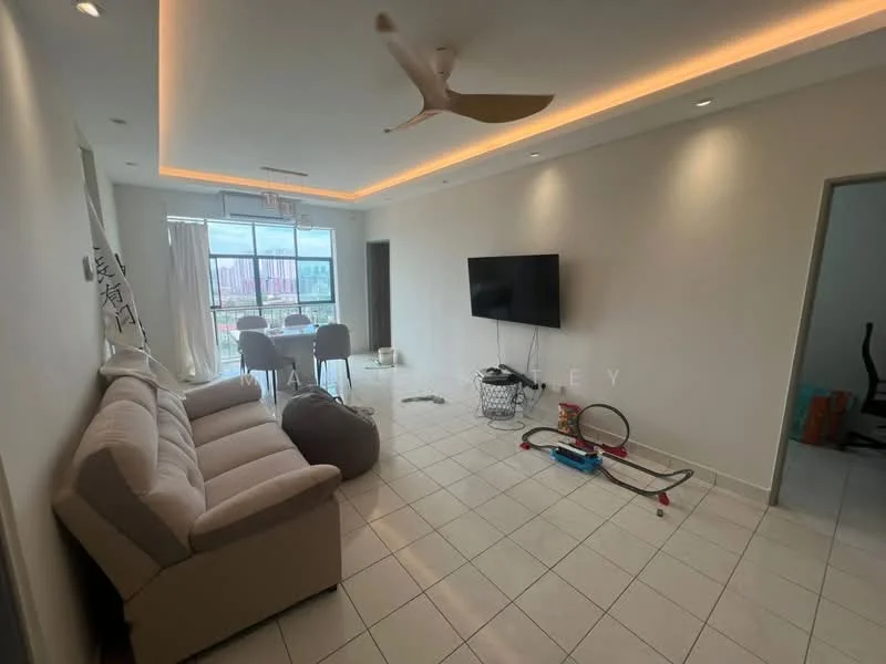 Living features: 3-seater fabric sofa in beige, ceiling fan with light, wall-mounted TV, recessed LED downlights, white painted walls, white tiled flooring, large windows with sheer curtains, dining table with chairs, decorative wall art, open layout to dining area; style: modern; view: city.