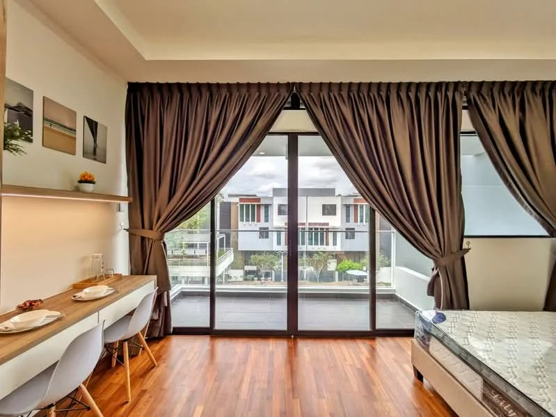 Bedroom features: floor-to-ceiling windows, brown curtains, wooden flooring, queen-size bed, bedside table, dining table for two, white dining chairs, decorative wall art, open balcony view; style: modern; view: garden.