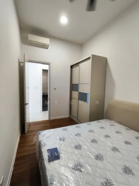 Bedroom features: queen-size bed with mattress protector, upholstered headboard, built-in wardrobe with sliding doors, wooden flooring, wall-mounted split AC, recessed ceiling lights, white painted walls, door leading to bathroom, decorative wall art, window with blinds; style: modern.