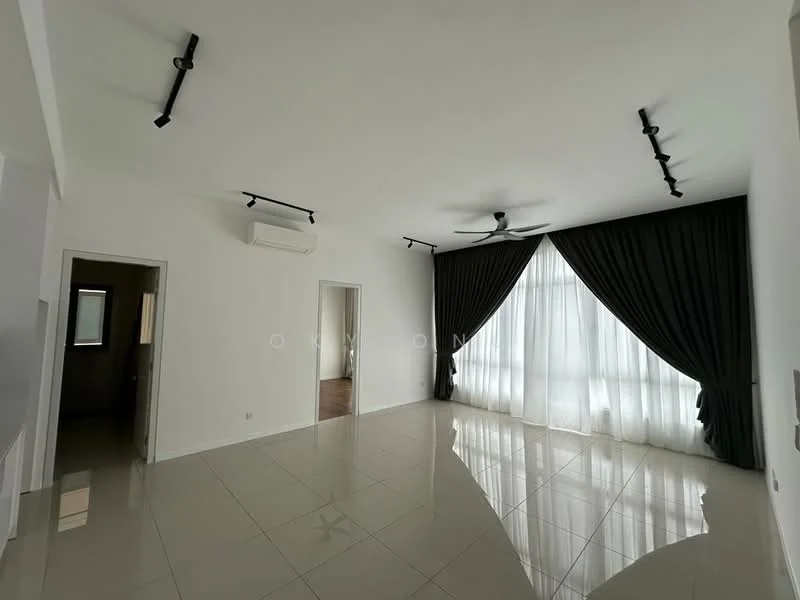 Living features: white painted walls, glossy ceramic tile flooring, floor-to-ceiling windows, blackout curtains, 2-blade ceiling fans, track lighting, air conditioning unit, open layout; style: modern.