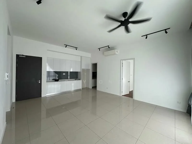 Living features: white painted walls, glossy beige tile flooring, 5-blade ceiling fan with light, recessed LED downlights, floor-to-ceiling windows, open kitchen area, kitchen cabinetry with white finish, air conditioning unit, door leading to another room; style: modern.