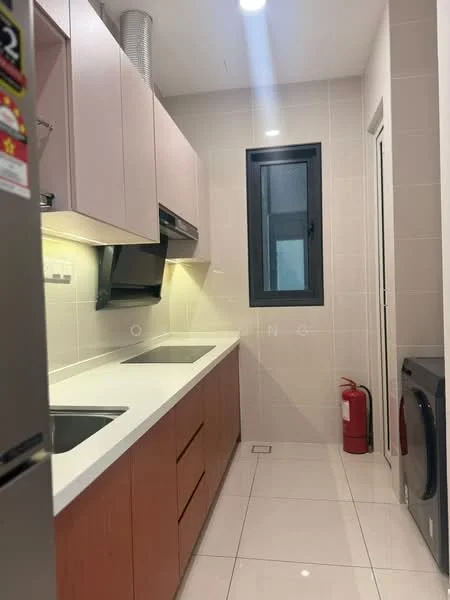Kitchen features: white quartz countertop, double-bowl stainless-steel sink, chrome pull-down faucet, built-in oven, freestanding range oven, stainless-steel fridge, wood cabinetry in light brown, grey upper cabinets, ceramic tile flooring, recessed LED downlights, window with black frame, fire extinguisher, washing machine; style: modern.