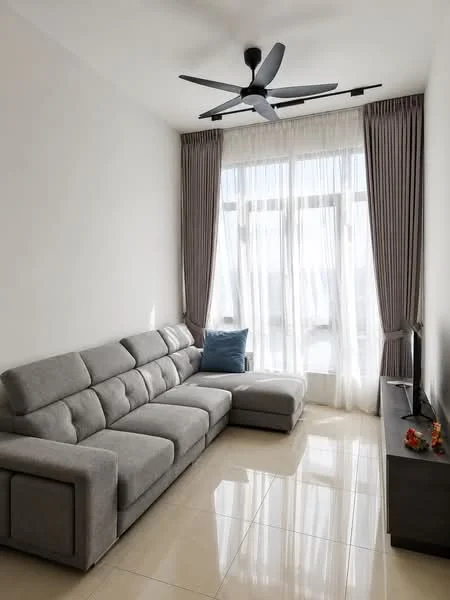 Living features: 3-seater fabric sofa in grey, sectional sofa, ceiling fan with light, floor-to-ceiling windows, sheer curtains, light-coloured walls, glossy tile flooring, TV console, wall-mounted TV, decorative items on console; style: modern; view: city.