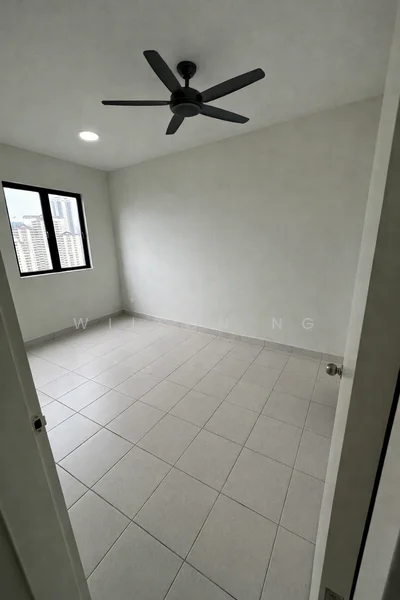 Room features: white painted walls, tile flooring, 5-blade ceiling fan, floor-to-ceiling windows, city view, neutral color scheme, no visible furniture, corner room; style: modern; view: city.