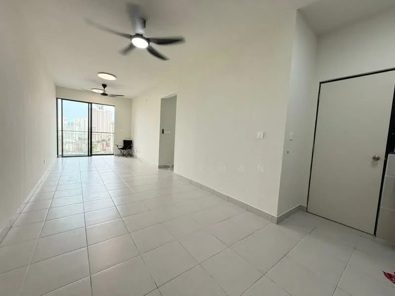 Living features: white painted walls, tile flooring, 5-blade ceiling fan, recessed downlights, floor-to-ceiling windows, sliding glass door, city view, open layout, natural light, neutral color scheme; style: modern; view: city. Room features: white painted walls, tile flooring, door to hallway.