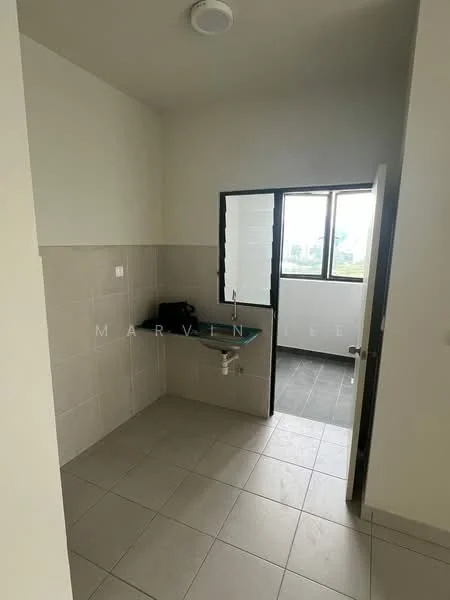 Laundry features: grey tiled flooring, white painted walls, single-bowl sink, window with louvered glass, door leading to outside, light fixture on ceiling, counter space, plumbing visible.