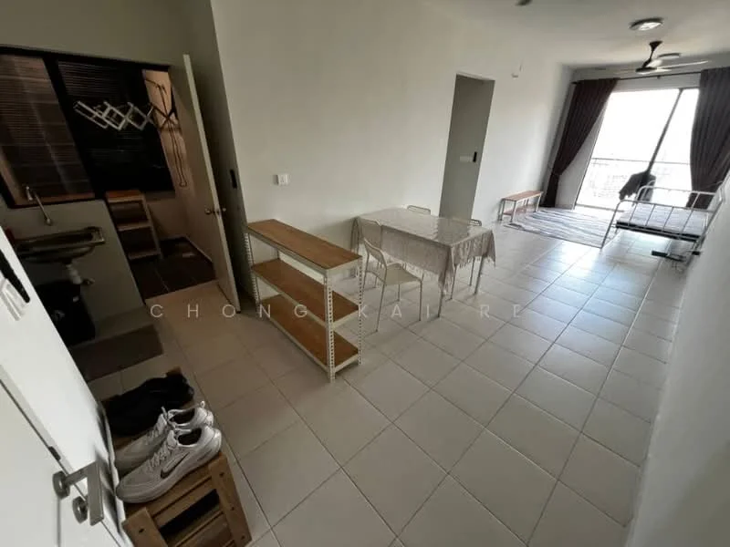 Living features: white painted walls, tile flooring, ceiling fan, large window with city view, sofa, coffee table, dining table with chairs, open layout, natural light, shoe rack, decorative items on table; style: modern; view: city. Room features: doorway leading to another room, dark wood door, light switch.