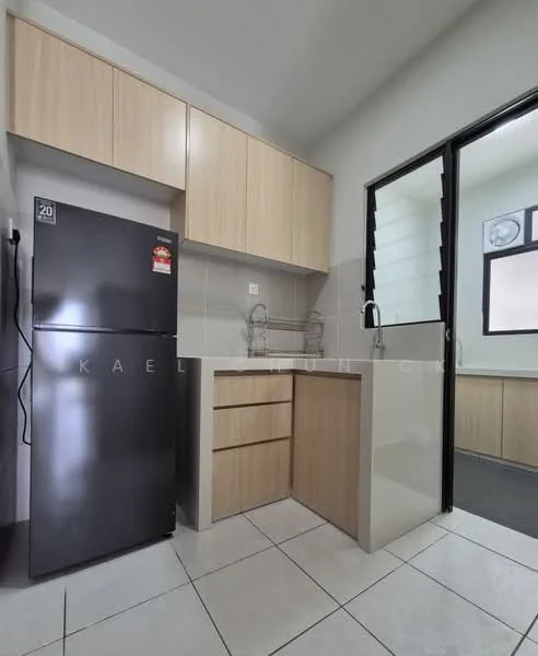 Kitchen features: black fridge, single-bowl stainless-steel sink, chrome pull-down faucet, laminate cabinetry in light wood finish, countertop with beige surface, tile flooring in white, wall-mounted cabinets, open shelving, window with sliding glass, neutral wall color; style: modern.