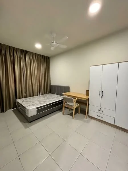 Bedroom features: queen-size bed, upholstered headboard, wooden bedside table, study desk with chair, built-in wardrobe with white finish, floor-to-ceiling curtains in beige, ceiling fan, tile flooring in light color, neutral painted walls, recessed lighting; style: modern.