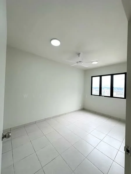 Room features: white painted walls, tile flooring, 5-blade ceiling fan with light, floor-to-ceiling windows, city view, recessed ceiling lights; style: modern; view: city.