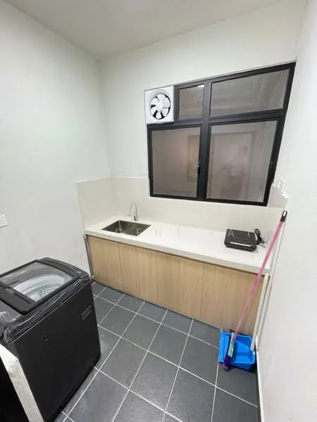 Laundry features: single-bowl stainless-steel sink, wood cabinetry, black washing machine, grey tile flooring, window with black frame, wall-mounted ventilation fan, countertop, cleaning supplies storage; style: modern.