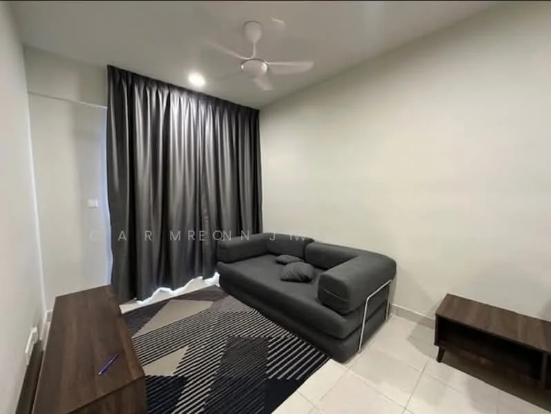 Living features: grey fabric sofa, 2-seater sofa, ceiling fan, floor-to-ceiling curtains, light grey walls, tile flooring, wooden TV console, wooden side table, area rug with geometric pattern; style: modern.