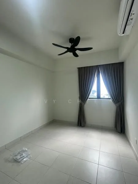 Room features: light grey painted walls, floor-to-ceiling window, grey curtains, 5-blade ceiling fan, ceramic tile flooring, air conditioning unit, no visible furniture, neutral decor; style: modern; view: city.