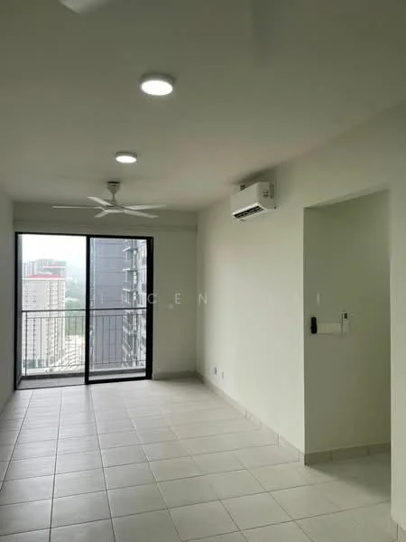 Living features: white painted walls, tile flooring, 5-blade ceiling fan with light, wall-mounted split AC, floor-to-ceiling windows, sliding glass door, balcony access, neutral color scheme; style: modern; view: city. Room features: white painted walls, tile flooring, doorway to adjacent room.