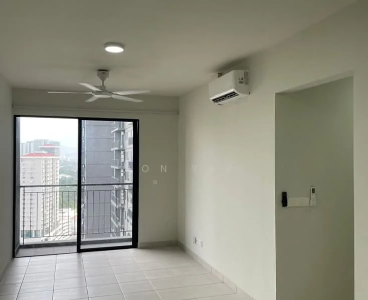 Living features: white painted walls, tile flooring, 5-blade ceiling fan with light, wall-mounted split AC, floor-to-ceiling windows, sliding glass door, balcony access, city view; style: modern; view: city.