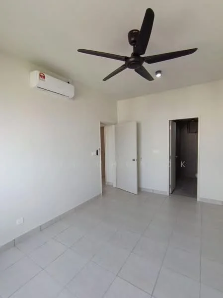 Room features: white painted walls, grey tiled flooring, 5-blade ceiling fan, wall-mounted split AC, double doors, doorway leading to bathroom, light fixture on ceiling, no visible furniture; style: modern.