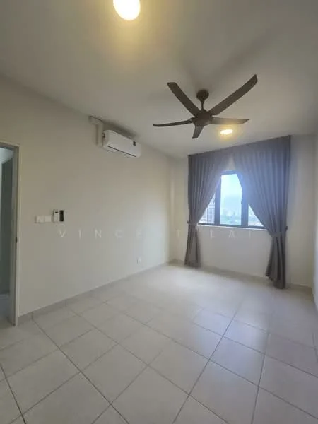 Room features: light-colored painted walls, tile flooring, 5-blade ceiling fan, wall-mounted split AC, floor-to-ceiling window, curtains, neutral color scheme, no visible furniture; style: modern; view: city.