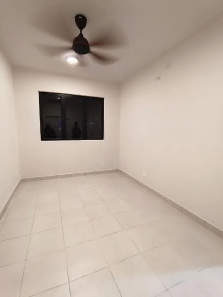 Room features: white painted walls, tile flooring, ceiling fan, large window, neutral color scheme; style: modern.