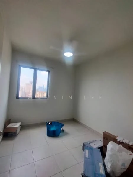 Room features: white painted walls, tile flooring, ceiling fan, single window, natural light, unfurnished, box storage, blue plastic bucket; view: city.