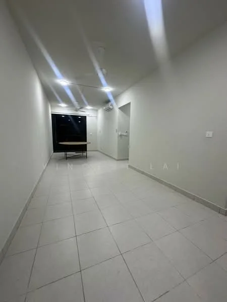 Room features: white painted walls, tile flooring, recessed downlights, large window, neutral color scheme, open layout, ceiling lights, corner space; style: modern.