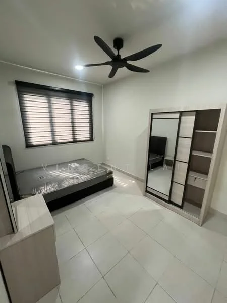 Bedroom features: queen-size bed, black upholstered bed frame, 2-blade ceiling fan, floor-to-ceiling windows with black blinds, light-colored walls, light-colored tiled flooring, built-in wardrobe with mirror, TV console, decorative wall mirror; style: modern.