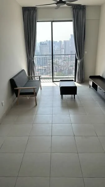 Living features: floor-to-ceiling windows, grey curtains, 3-seater sofa in black, wooden armchair, black coffee table, TV console, light-colored tiled flooring, ceiling fan; style: modern; view: city.