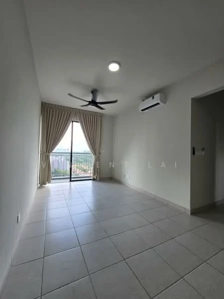 Living features: large sliding glass door, floor-to-ceiling windows, beige curtains, 5-blade ceiling fan with light, wall-mounted split AC, light grey tiled flooring, white painted walls, recessed ceiling lights; style: modern; view: city.