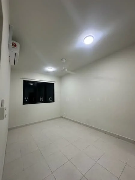Room features: white painted walls, tile flooring, recessed LED downlights, 1 wall-mounted split AC, ceiling fan, black framed window, neutral color scheme; style: modern.