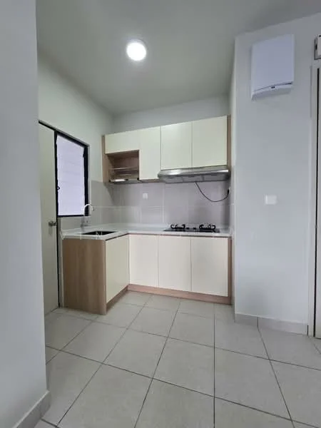 Kitchen features: white cabinets with wood accents, stainless-steel sink, chrome pull-down faucet, 2-burner gas hob, built-in range hood, light grey tile flooring, white walls, window for natural light, countertop with wood trim, open shelving above countertop; style: modern.