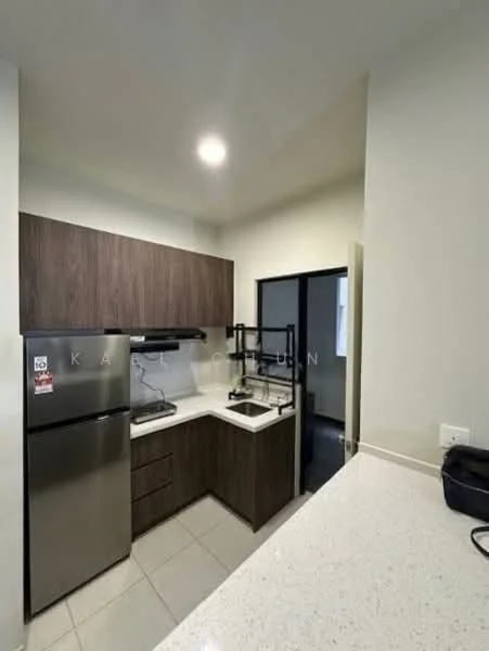 Kitchen features: stainless-steel fridge, single-bowl stainless-steel sink, chrome pull-down faucet, white quartz countertop, dark wood cabinetry, built-in oven, ceramic tile flooring, recessed downlights; style: modern.