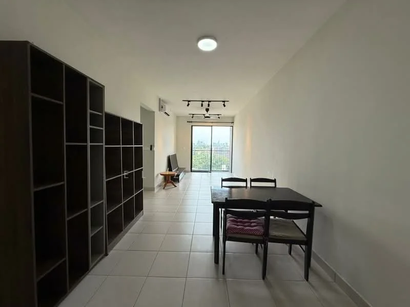 Living features: white painted walls, tile flooring, 5-blade ceiling fan with light, track lighting, floor-to-ceiling windows, dining table with chairs, open shelving unit, city view; style: modern; view: city.