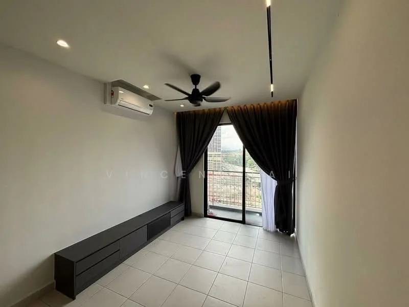 Living features: floor-to-ceiling windows, blackout curtains, 5-blade ceiling fan, wall-mounted air conditioning unit, light-colored tiled flooring, neutral painted walls, built-in TV console in dark wood, balcony access with city view; style: modern; view: city.