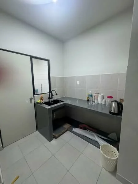 Kitchen features: grey laminate countertop, single-bowl stainless-steel sink, chrome pull-down faucet, white tiled backsplash, grey tiled flooring, built-in cabinetry, kettle, plastic waste bin, cleaning supplies, open shelving, wall-mounted electrical outlet, light fixture on ceiling; style: modern.