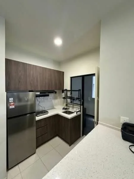 Kitchen features: stainless-steel fridge, dark wood cabinetry, white quartz countertop, single-bowl stainless-steel sink, chrome pull-down faucet, built-in stove, tile backsplash, ceramic tile flooring, recessed downlights, open shelving, kitchen island, wall-mounted rack; style: modern.