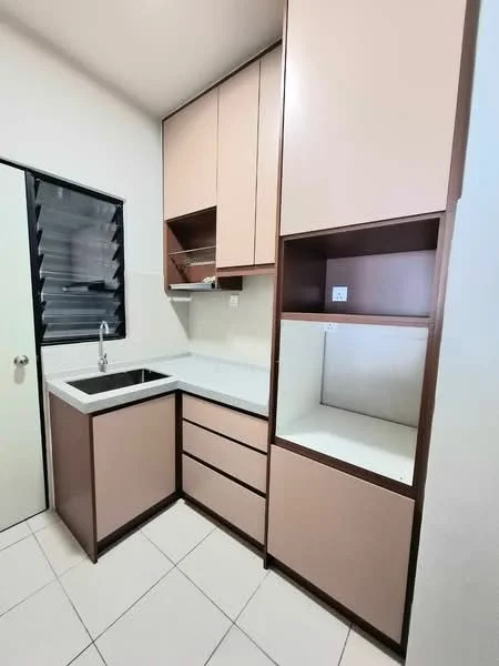 Kitchen features: single-bowl stainless-steel sink, chrome pull-down faucet, light-colored laminate countertop, pink cabinetry, white backsplash, built-in upper cabinets, lower cabinets with drawers, tile flooring, window with horizontal blinds; style: modern.