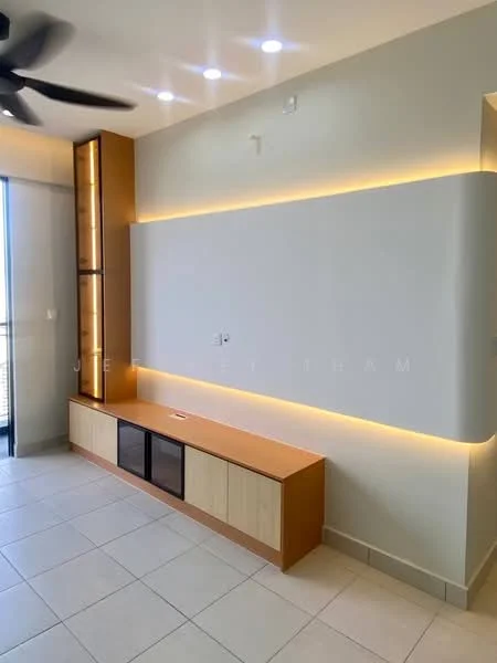 Living features: light grey painted walls, built-in wooden TV console with storage, LED strip lighting, recessed downlights, floor-to-ceiling windows, ceramic tile flooring, ceiling fan; style: modern.