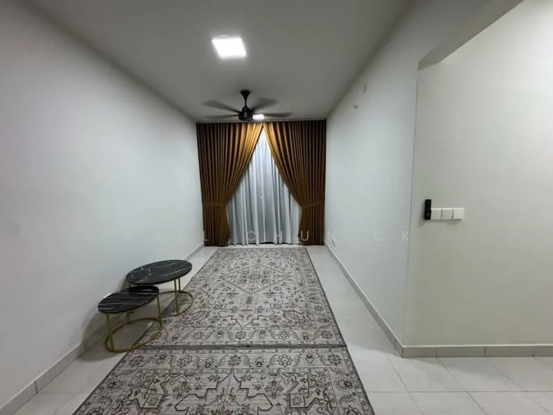 Room features: white painted walls, grey patterned area rug, floor tiles, ceiling with recessed lighting, 5-blade ceiling fan, curtains with sheer and dark fabric, two small side tables, neutral color scheme; style: modern.
