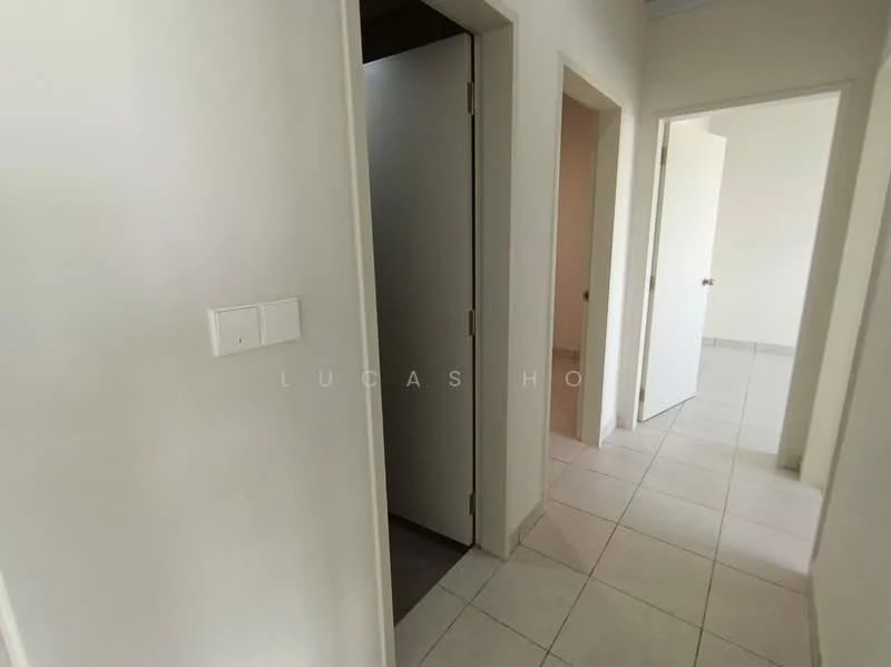 Room features: white painted walls, tile flooring, doorway, light switch, neutral color scheme, multiple doorways, corner of room, natural light; style: modern.