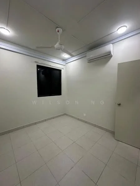 Room features: white painted walls, dropped ceiling, recessed LED downlights, 5-blade ceiling fan, 1 wall-mounted split AC, tile flooring, black window with no treatments, light switch, plain door; style: modern.