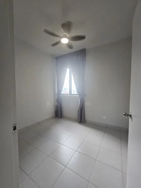 Bedroom features: light grey painted walls, ceiling fan with light, single window with sheer curtains, tiled flooring, neutral colour scheme, no visible furniture, corner room, built-in wardrobe, baseboards; style: modern.