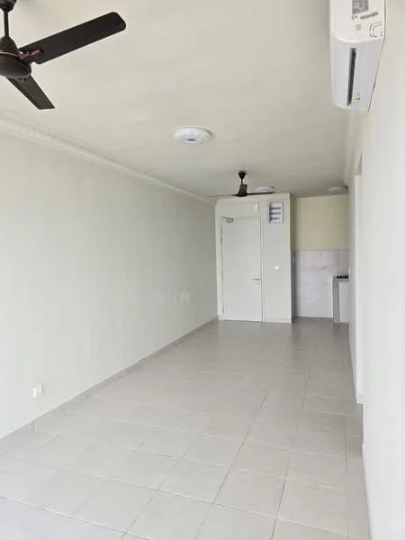 Room features: white painted walls, tile flooring, ceiling fan, wall-mounted split AC, door, kitchen area with countertop, light fixture, recessed ceiling lights; style: modern.