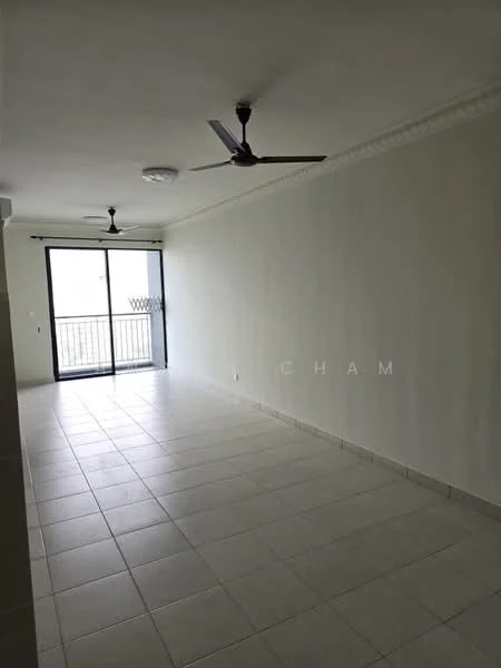 Living features: white painted walls, tile flooring, 2 ceiling fans, sliding glass door, balcony access, crown moulding, recessed downlights.